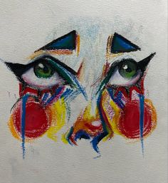 a drawing of a face painted with multicolored lines and circles on white paper