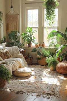 a living room filled with lots of potted plants next to a large window on top of a hard wood floor