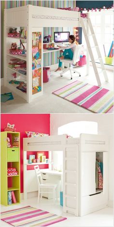 bunk beds with desks underneath them are perfect for small children's rooms and play areas