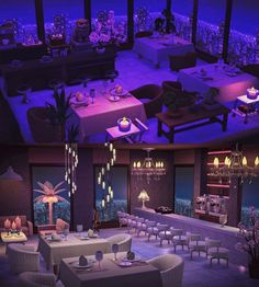 an image of a restaurant setting at night time with purple lighting on the tables and chairs