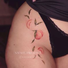 #peachtattoo #fruittattoo #colortattoo #hipstattoo #botanicaltattoos Peaches And Cream Tattoo, Ga Peach Tattoo, Peach Tree Tattoo, Peaches Tattoo, Peach Tattoos, Hips Tattoo, Friend Tats, Peach Tattoo, Vine Tattoos