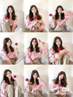 the woman is posing for pictures with her rose