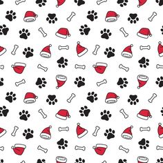 a white background with black and red dog paw prints, santa's hats and bones