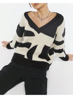 A knit sweater featuring an allover abstract pattern, V-neckline, ribbed trim, and long sleeves.Abstract Print V-Neck Sweater Brown Casual  Long Sleeve  Colorblock    Women Clothing, size features are:Bust: ,Length: ,Sleeve Length: Abstract Sweater, Sweater Brown, Brown Sweater, Spring Outfits Casual, Knitwear Women, V Neck Sweater, Abstract Print, Abstract Pattern, Vneck Sweater