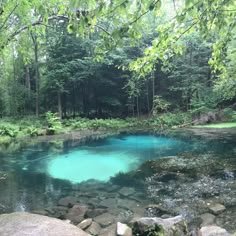 a blue pool in the middle of a forest filled with rocks and water surrounded by trees