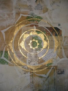 an abstract painting with gold and green circles on it's surface, surrounded by newspaper pages