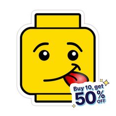 a sticker with an image of a yellow square face and tongue sticking out from it's mouth