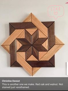 a wooden wall hanging with an interesting design on it's side and the caption reads, this is another one we make red oak and walnut not stained