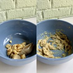 two bowls filled with food sitting on top of a white counter next to a brick wall