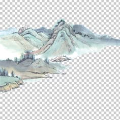 a mountain landscape with trees and mountains in the background, watercolor painting png clipart