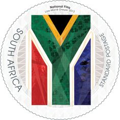 the south african national flag is depicted on a white background with an abstract design in red, green and blue