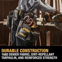 a man holding a circular saw in his hands with the words disable construction on it