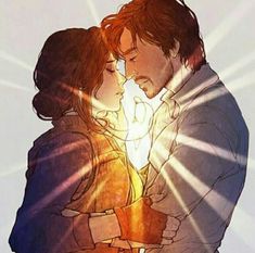 a man and woman embracing each other with the sun shining through their eyes behind them