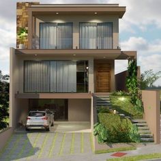 a car parked in front of a two story house with balconies on the second floor