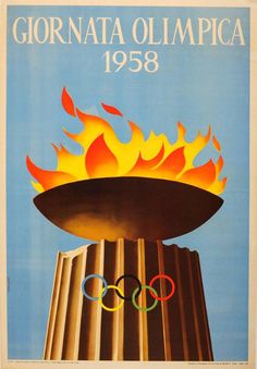 an olympic poster with the flame coming out of it's centerpiece in front of a blue sky