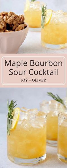 the maple bourbon sour cocktail is garnished with rosemary and served in small glasses