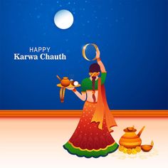 a woman holding a lamp and pot in her hand with the words happy karwa chauth on it