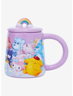 a purple coffee mug with cartoon characters on the front and sides, sitting in front of a white background