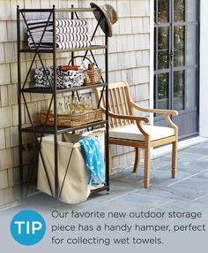 an outdoor storage rack with items on it and the words tips for collecting wet towels