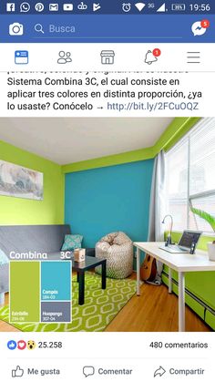 an image of a room with green and blue walls