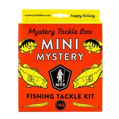 the mystery tackle box for mini mystery fishing tackle kit is in an orange card case