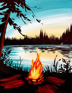 a painting of a campfire in front of a lake