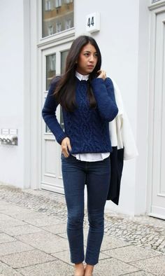 Jeans Shirt And Sweater Outfit, Cable Knit Sweater With Collared Shirt, Sweater With Collared Shirt And Jeans, Navy Chunky Sweater Outfit, Jumper Over Shirt Outfit, Collar Shirt And Sweater Outfit, Jumper Over Shirt, Navy Blue White Outfit, White Shirt With Sweater Outfit