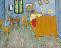 a painting of a bedroom with blue walls and wooden furniture, including a bed in the corner