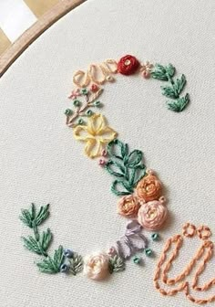 a close up of a embroidery on a hoop with the letter q in it's center