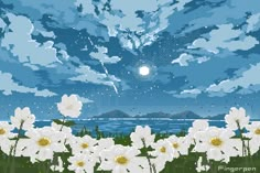 the sky is full of clouds and white daisies in this pixel art scene with water