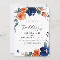 Navy Burnt Orange Floral Rust Orange Boho Wedding Invitation  Zazzle Blue And Orange Wedding Theme, Indigo Wedding, Orange Weddings, Orange Invitation, Orange Wedding Themes, Dark Blue Wedding, Elegant Floral Wedding