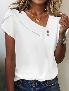 Women's Shirt Blouse Plain Casual White Short Sleeve Elegant Vintage Fashion V Neck 2024 - $19.99 Womens Basic Tops, Plain Shorts, Plain Blouse, V Neck Tank Top, Vestido Casual, Black White Pink, Women Shirts Blouse, Online Tops, Tankini Top