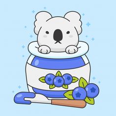 a koala bear sitting in a blue and white jar with berries on the side