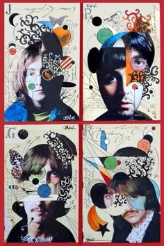 four different pictures of the beatles with their faces painted on each one, and an image of