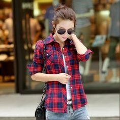 Blouse Korean Style, Plaid Shirt Women, Check Shirts, Casual Outwear, Womens Flannel Shirt, Casual Shirt Women, Flannel Women, Fitted Blouses, College Style