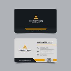 a business card with a black and yellow stripe on the bottom, and a gray background