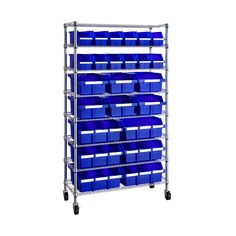 a metal shelving unit with blue bins