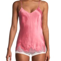 Flatter The Figure In This Silk Camisole Detailed With Soft Lace At The Hemline. -V-Neck -Sleeveless -Pullover Style -Adjustable Spaghetti Straps -100%Silk -Hand Wash -About 28" From Shoulder To Hem Feminine Silk V-neck Tank Top, Fitted V-neck Lace Top Camisole, Pink Silk Spaghetti Strap Camisole, Silk V-neck Top With Delicate Straps, Silk V-neck Tank Top, Pink Silk Spaghetti Strap Top, Pink Silk Top With Spaghetti Straps, Feminine Silk V-neck Camisole, Fitted Silk Tank Top With Lace Trim