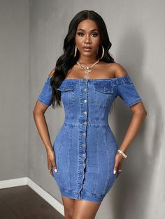 Medium Wash Casual Collar Short Sleeve Denim Plain Bodycon Embellished High Stretch  Women Clothing Summer Music Festival, Summer Music Festivals, Belted Sweater, Womens Denim Dress, Denim Dresses, Summer Music, Kids Beachwear, Denim Women, Womens Scarves