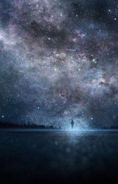 a person standing in the middle of water under a night sky filled with stars