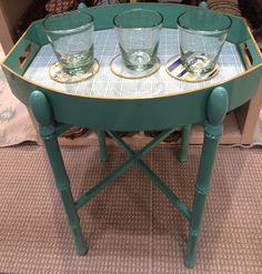 three glasses are sitting on top of a green tray with gold trimmings and matching handles