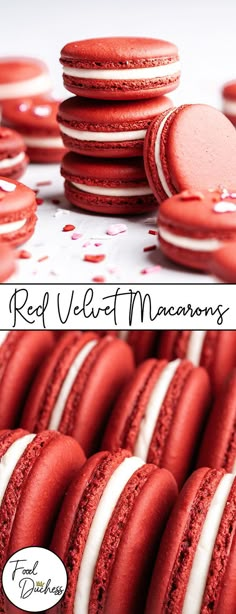 red velvet macarons are stacked on top of each other