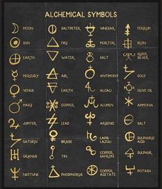 an image of some symbols on a blackboard with gold lettering and the words alcheical symbols