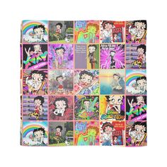 a square scarf with many images of people in different colors and designs on it, including rainbow