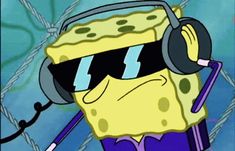 spongebob with headphones and sunglasses listening to music