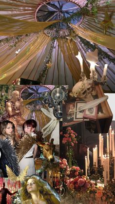 a collage of images with candles and angels