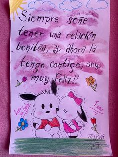 a child's drawing on a pink background with words written in spanish and english