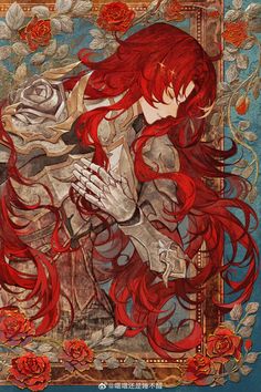 a woman with long red hair holding a rose