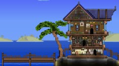 an old style house on the water with a palm tree