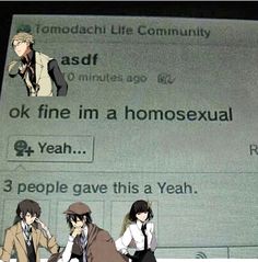 two people sitting on a bench in front of a sign that says asdff, ok fine in a homosexual yeah